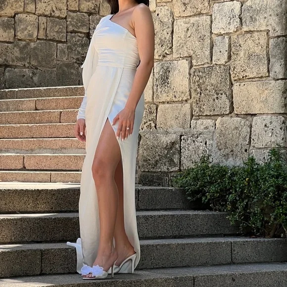 asymmetrical draped maxi dress Brown Draped Asymmetric Maxi Dress XS main image 1